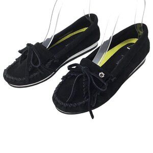 Minnetonka Moccasins Black Kilty Fringe Suede Hardsole Size 5.5 Driving Moc 4300